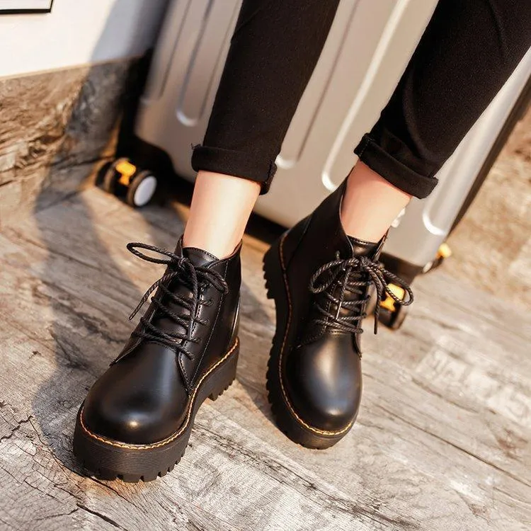 Chicvane Womens PU Round Toe Platform Heels Lace Up Ankle  Martin Boots