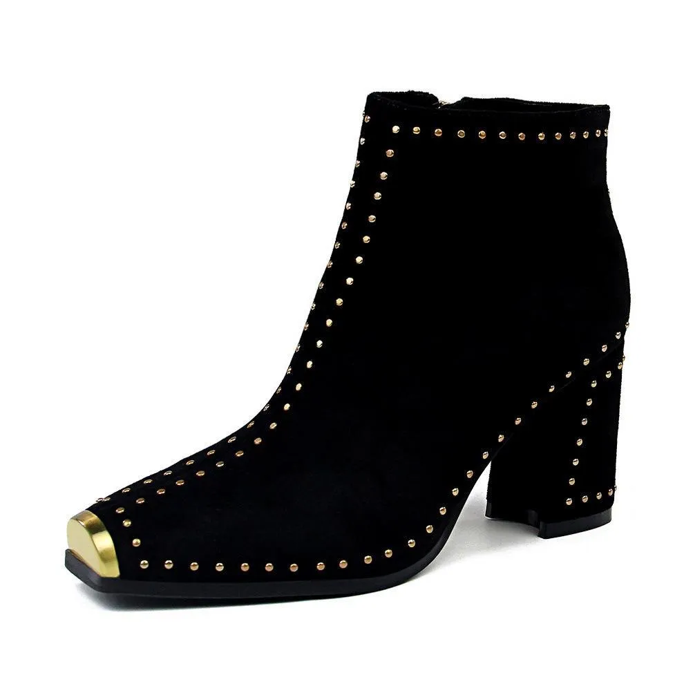 Chicvane Womens Suede Metal Pointed Toe Chunky Heel Ankle Boots With Rivet