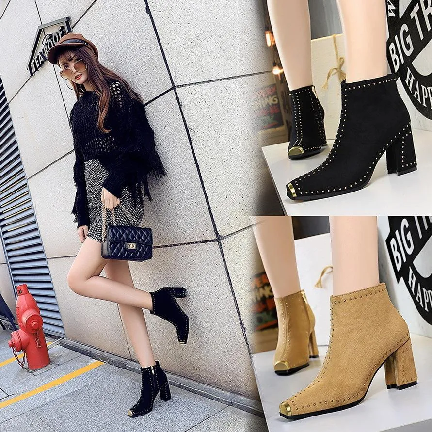 Chicvane Womens Suede Metal Pointed Toe Chunky Heel Ankle Boots With Rivet