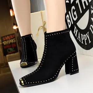 Chicvane Womens Suede Metal Pointed Toe Chunky Heel Ankle Boots With Rivet