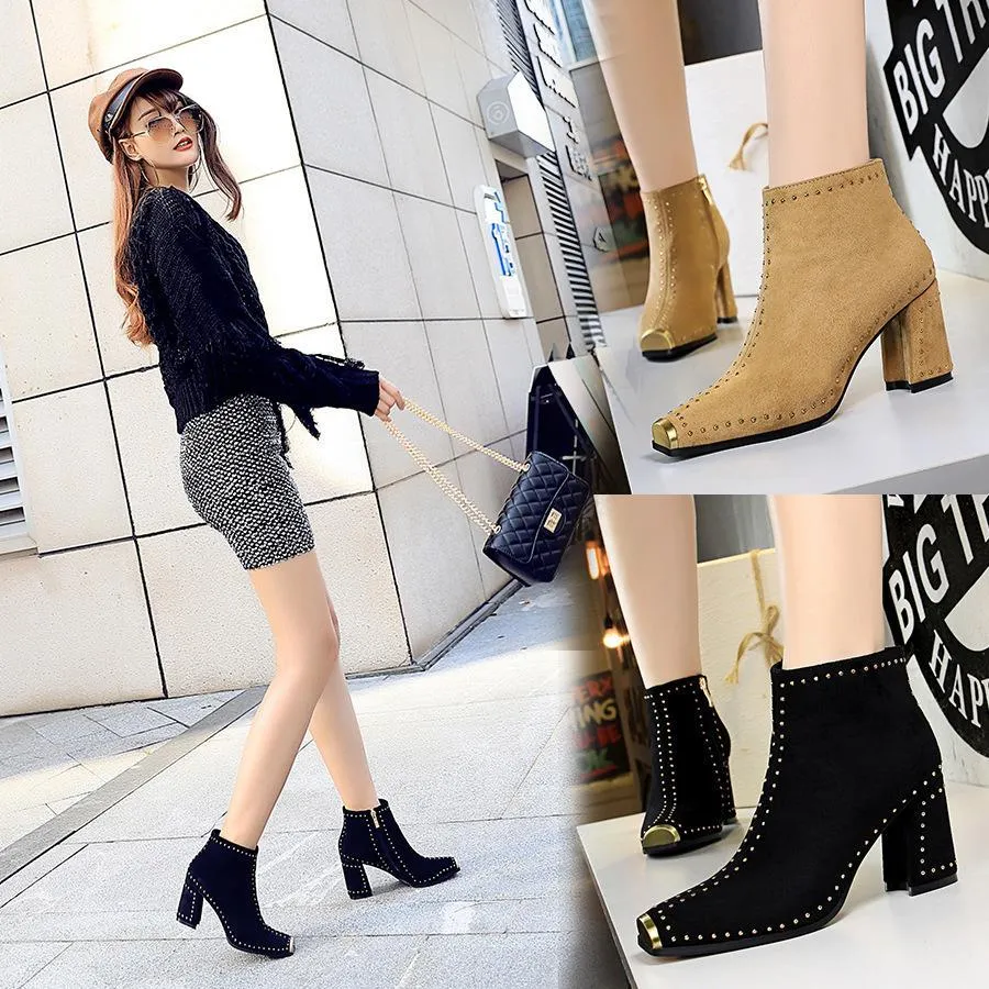 Chicvane Womens Suede Metal Pointed Toe Chunky Heel Ankle Boots With Rivet