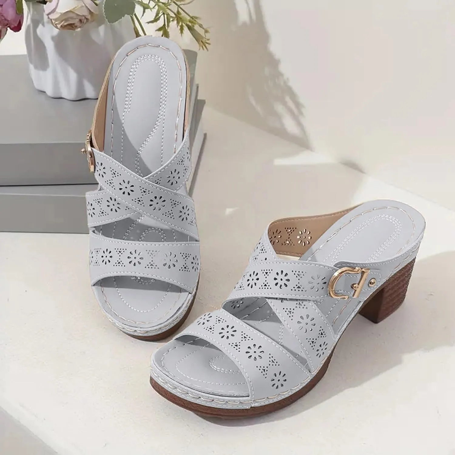 Chunky Sandals for Women Dressy Flower Cut Out Wedges Sandals Comfortable Slides Walking Flip Flops Lightweight Fashion Sandal Summer Beach Shoes