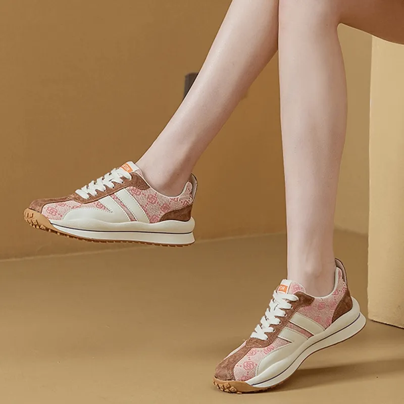 Cozy Genuine Leather Lace-up Ankle Flat Sneakers with Print - SF0978