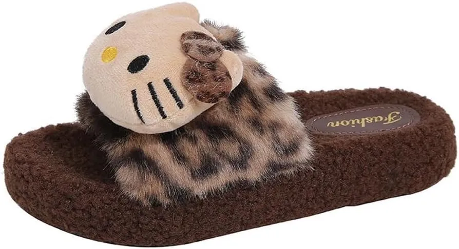 Cute Leopard Print Plush Slippers for Women ?C Soft Cozy Cartoon Cat Indoor/Outdoor House Shoes, Non-Slip, Adorable Face