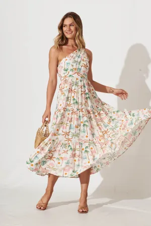 Destination One Shoulder Midi Dress In Multi Palm Print