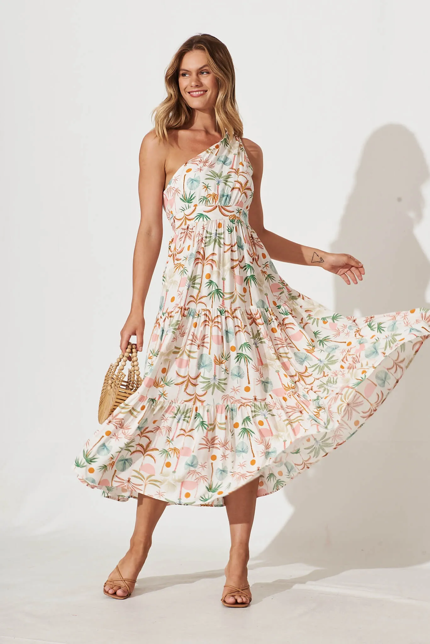 Destination One Shoulder Midi Dress In Multi Palm Print