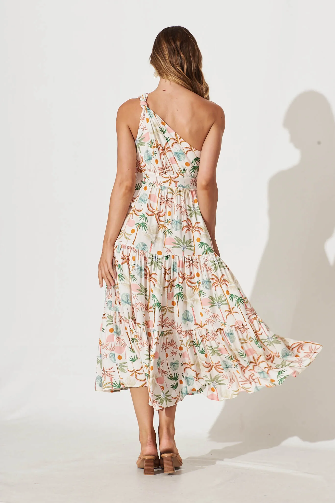Destination One Shoulder Midi Dress In Multi Palm Print