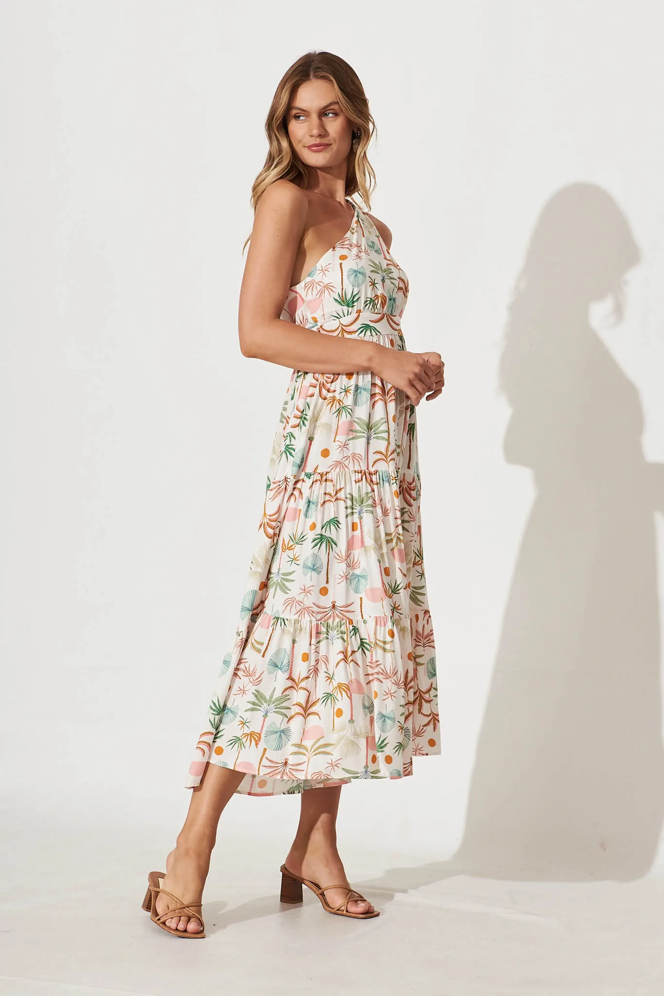 Destination One Shoulder Midi Dress In Multi Palm Print