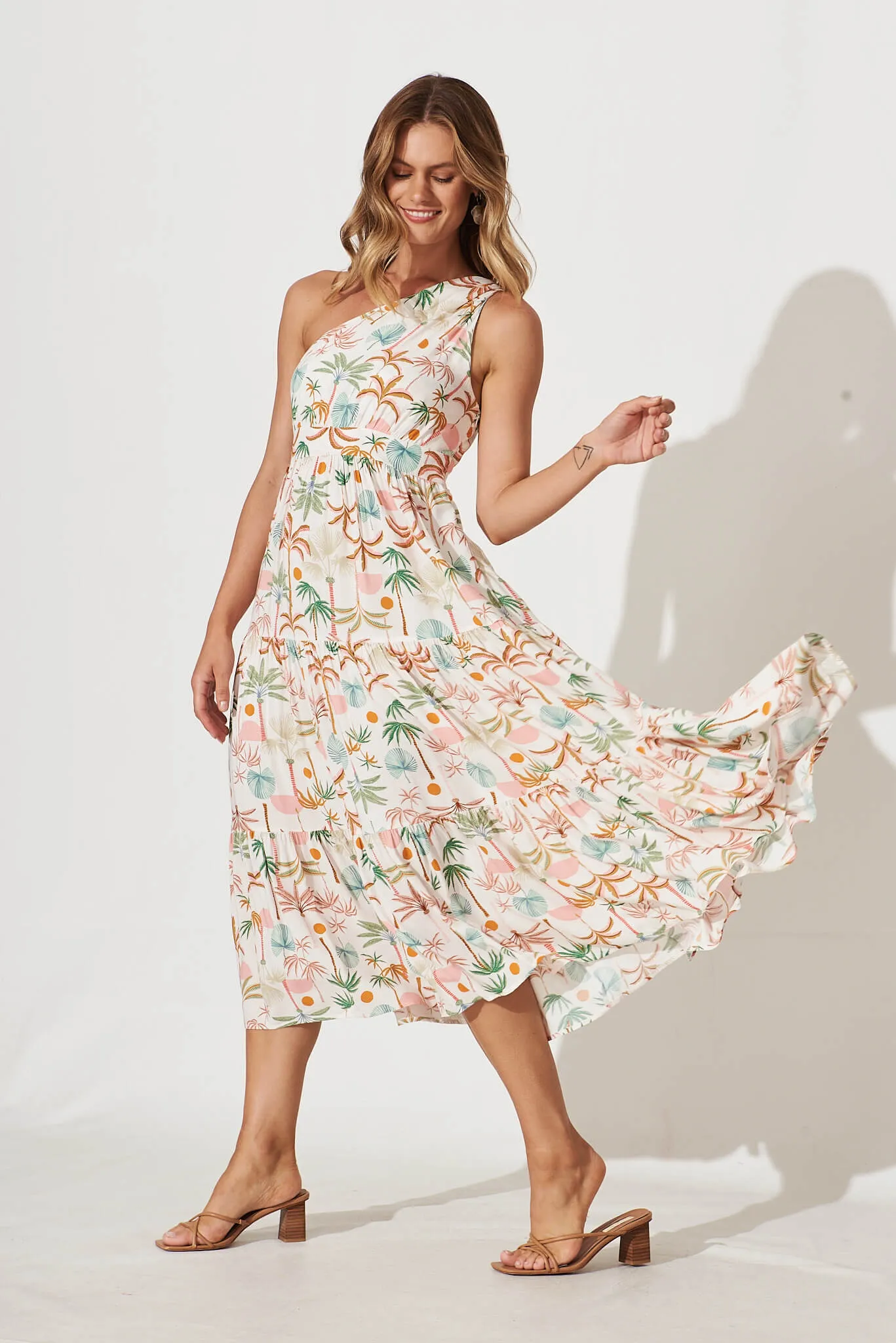 Destination One Shoulder Midi Dress In Multi Palm Print