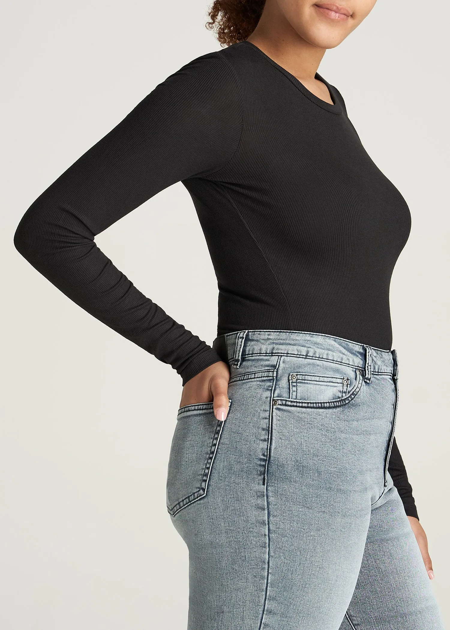 FITTED Ribbed Long Sleeve Tee in Black - Tall Women's Shirts