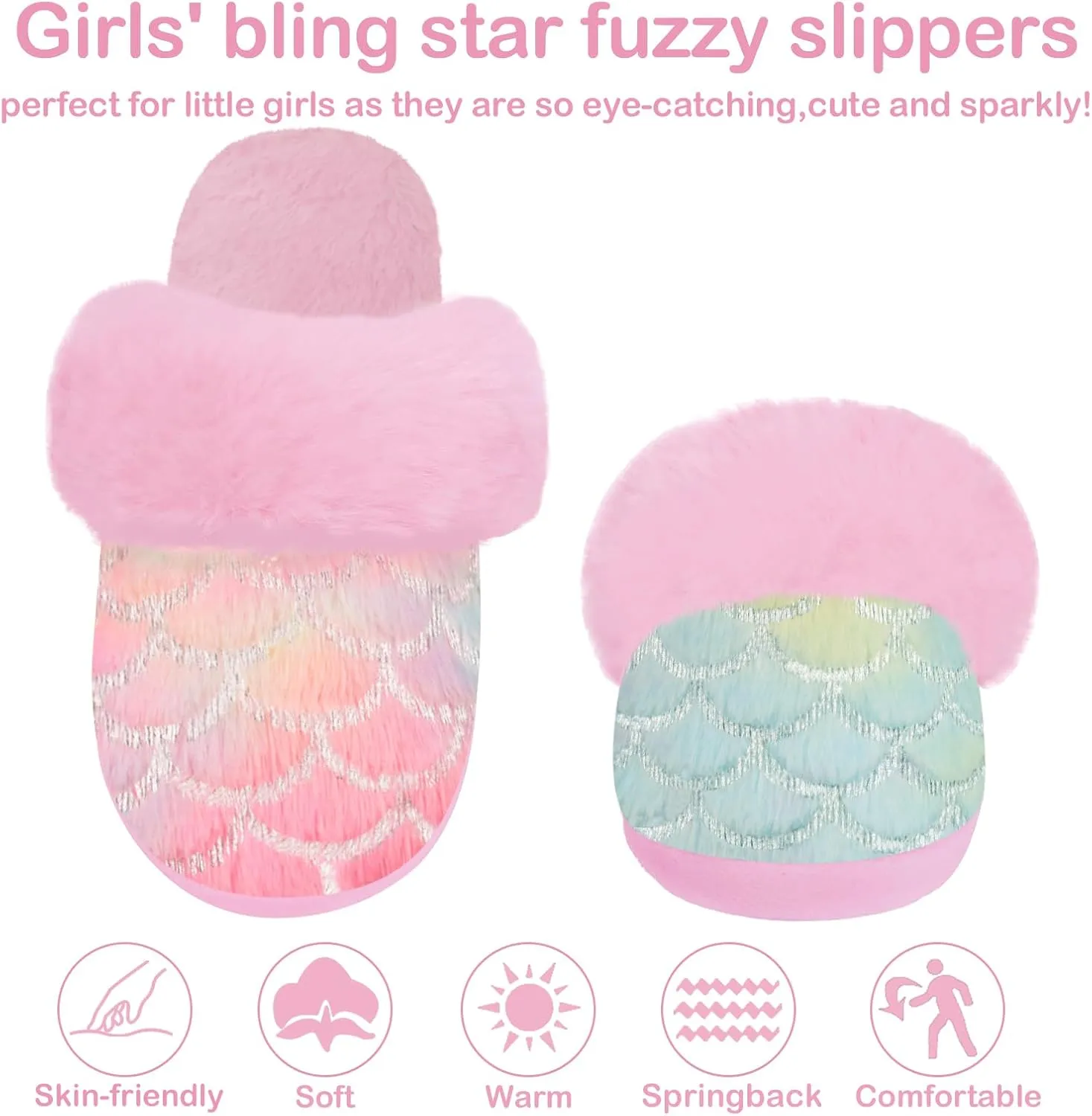 Girls Mermaid Fluffy House Slippers No-Slip Soft Memory Foam Kids Slippers Indoor Outdoor
