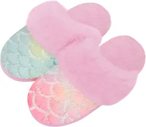 Girls Mermaid Fluffy House Slippers No-Slip Soft Memory Foam Kids Slippers Indoor Outdoor