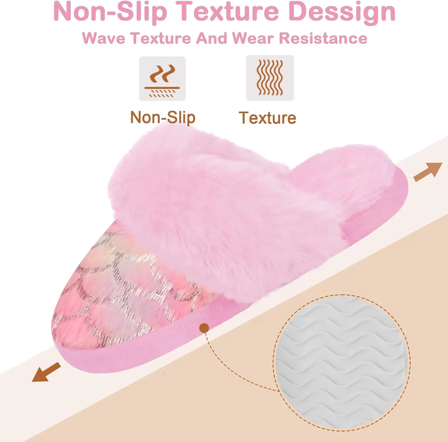 Girls Mermaid Fluffy House Slippers No-Slip Soft Memory Foam Kids Slippers Indoor Outdoor