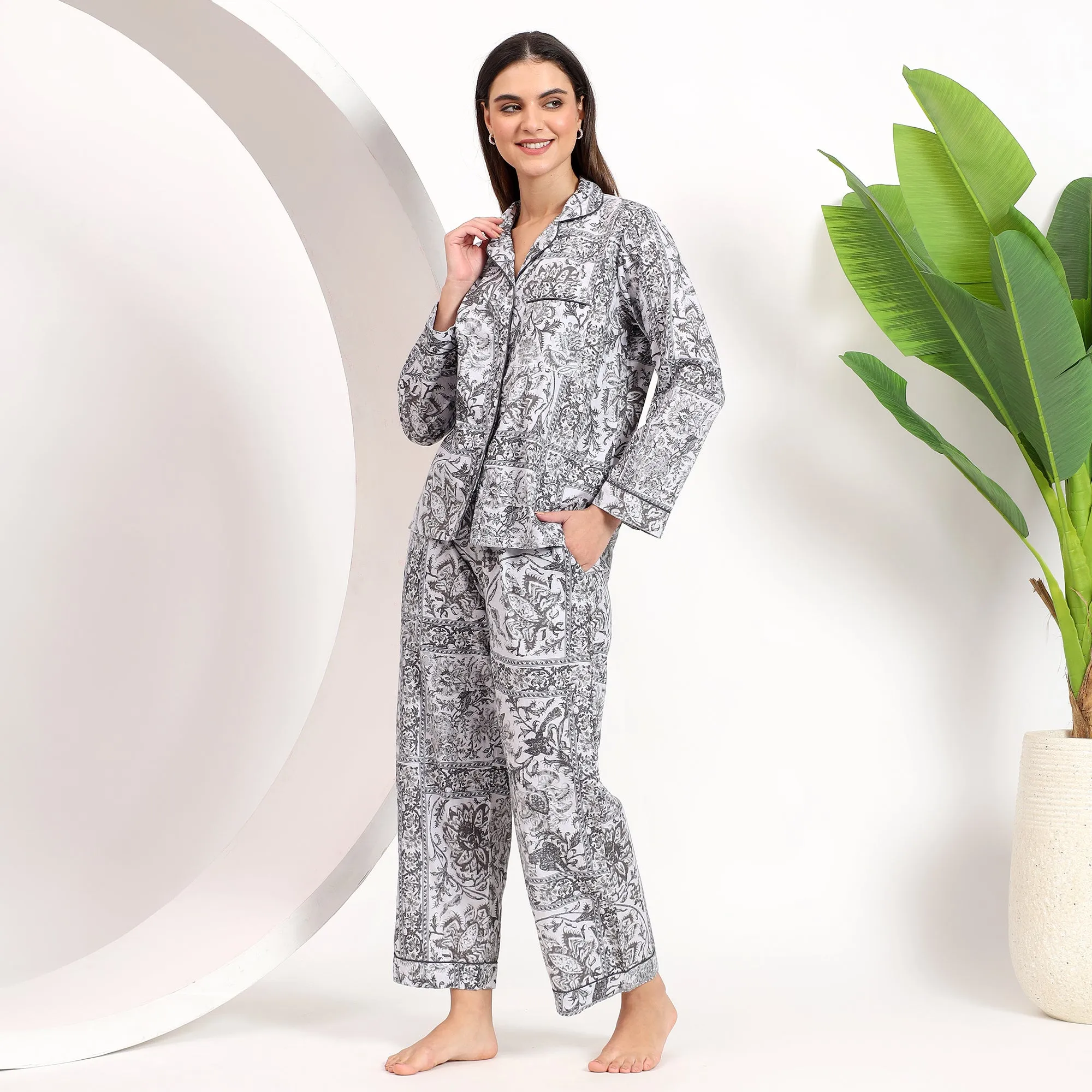 Gray Floral Long PJ Set with Lapel Collar for Women