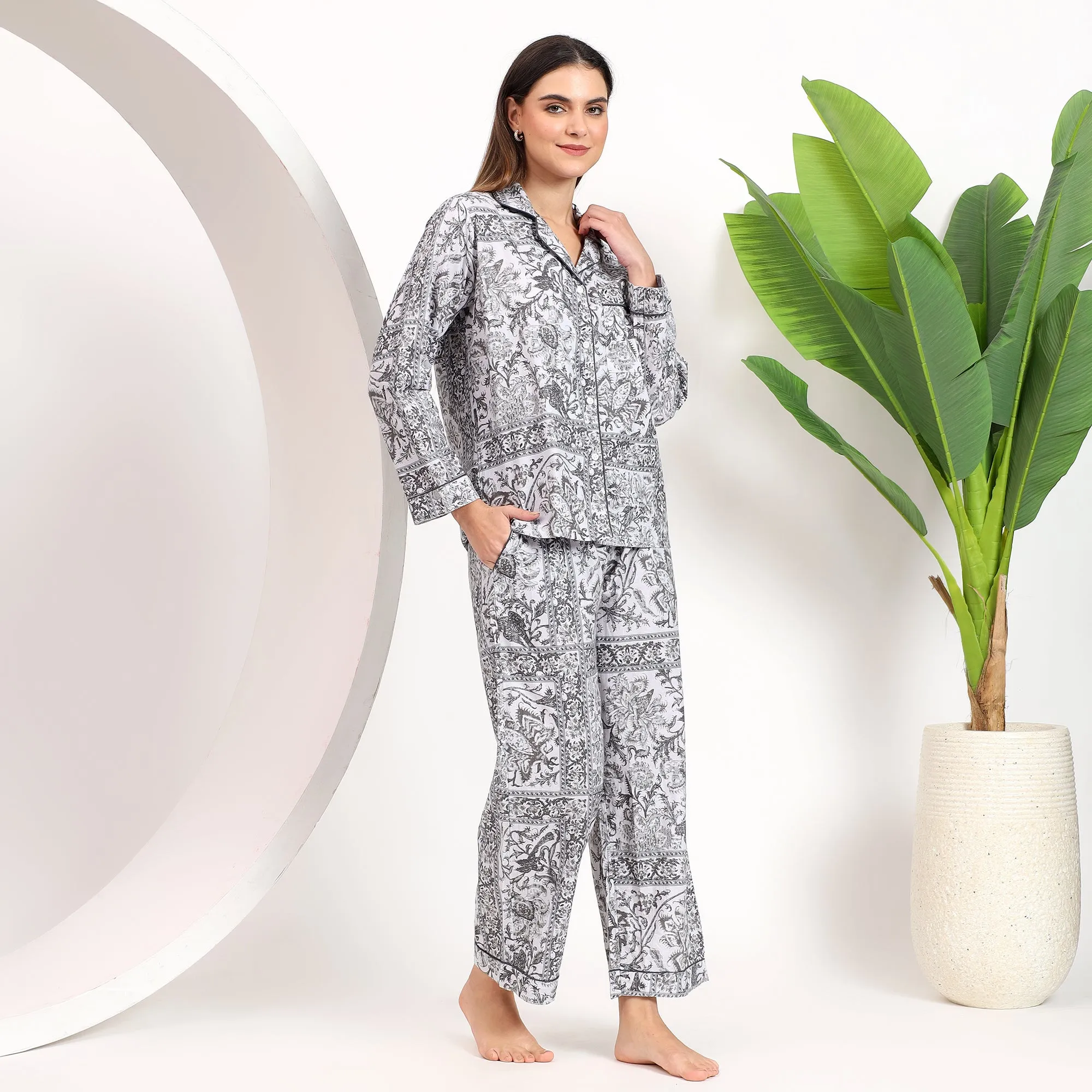 Gray Floral Long PJ Set with Lapel Collar for Women