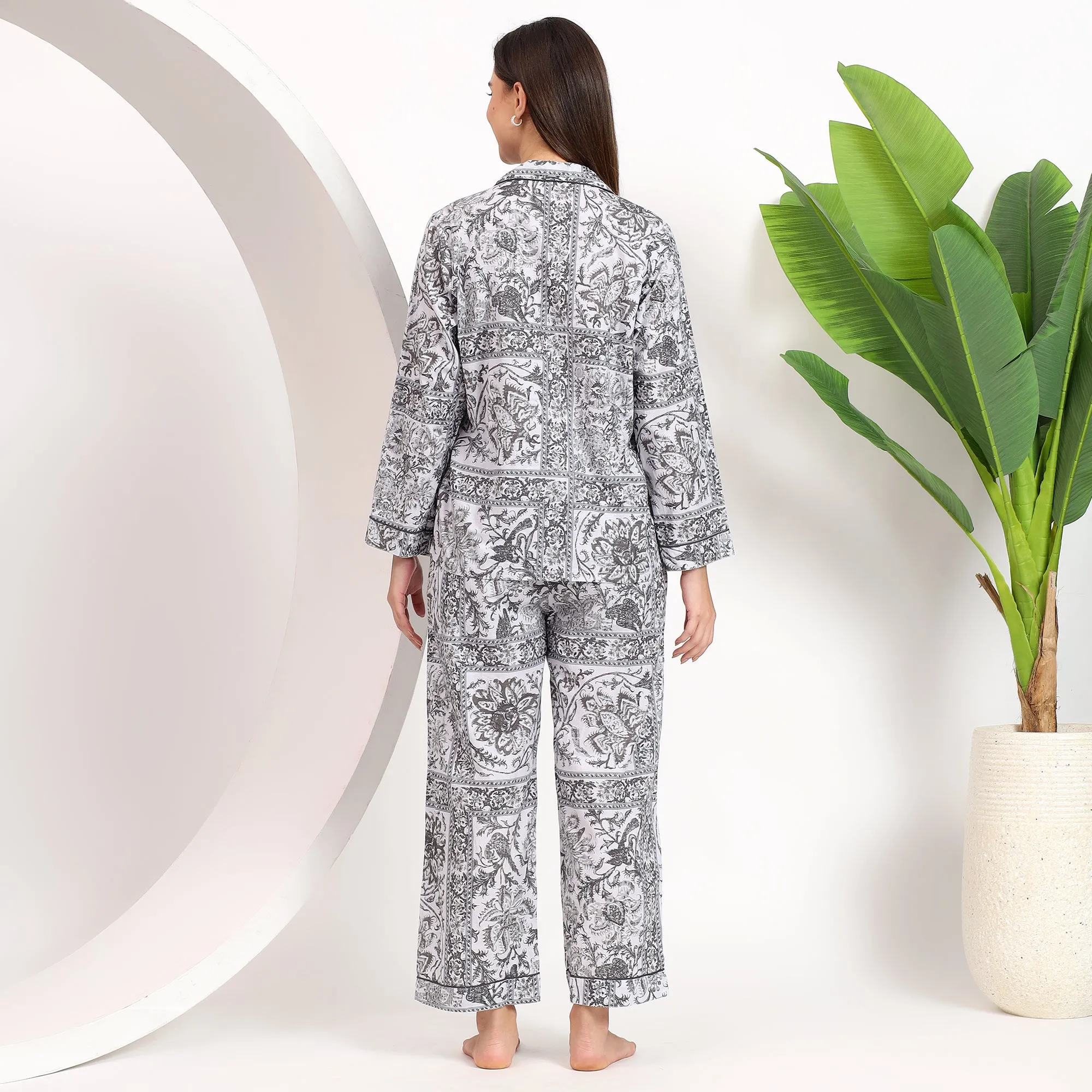 Gray Floral Long PJ Set with Lapel Collar for Women