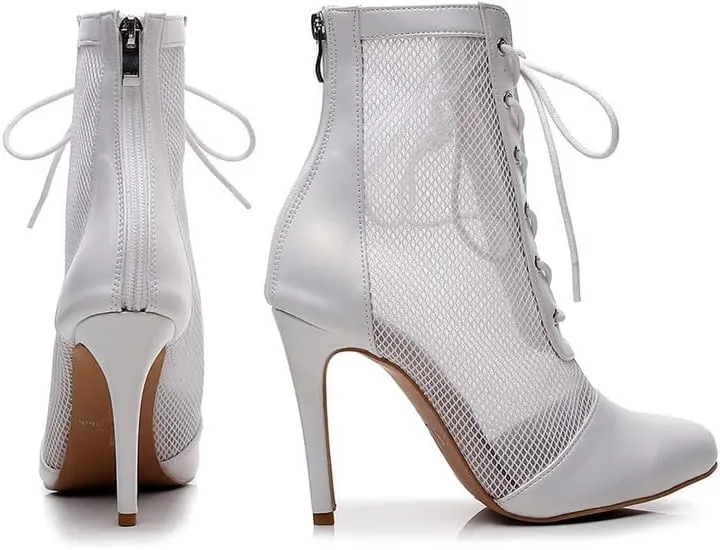 HIPPOSEUS Women's Heels Dance Boot Closed Toe High Heel Mesh Ankle Dance Shoes