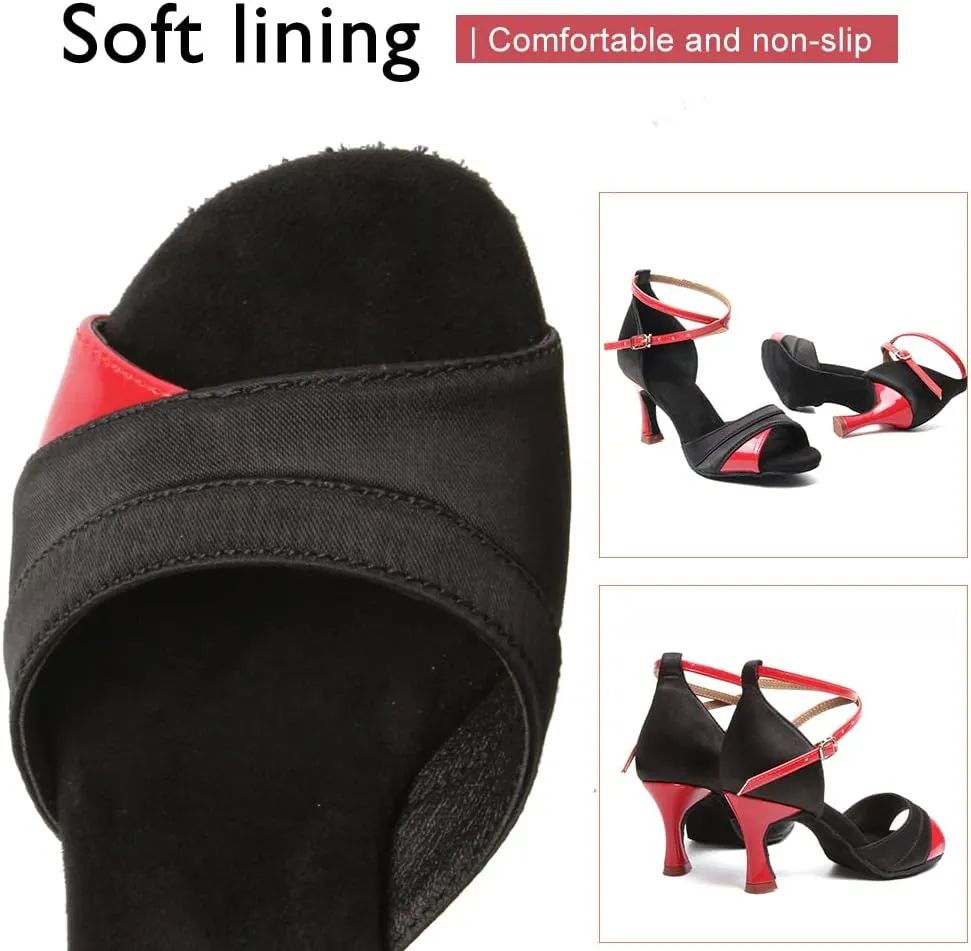 HIPPOSEUS Women's Satin Latin Dance Shoes Professional Ballroom Salsa Practice Performance Dance Shoes with High Heel