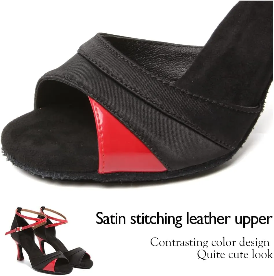 HIPPOSEUS Women's Satin Latin Dance Shoes Professional Ballroom Salsa Practice Performance Dance Shoes with High Heel