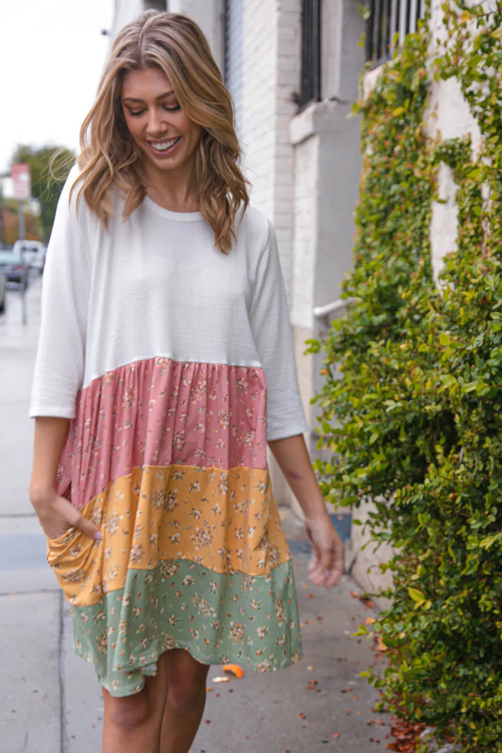 Ivory Texture Knit Multicolor Floral Color Block Tiered Dress