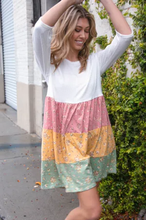 Ivory Texture Knit Multicolor Floral Color Block Tiered Dress