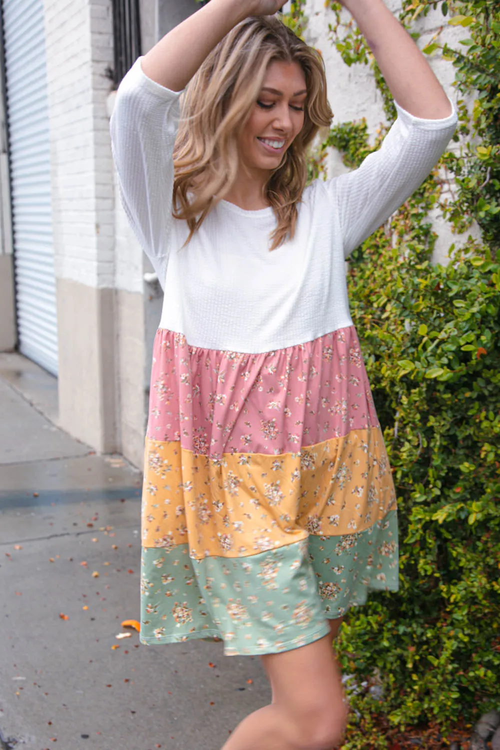 Ivory Texture Knit Multicolor Floral Color Block Tiered Dress