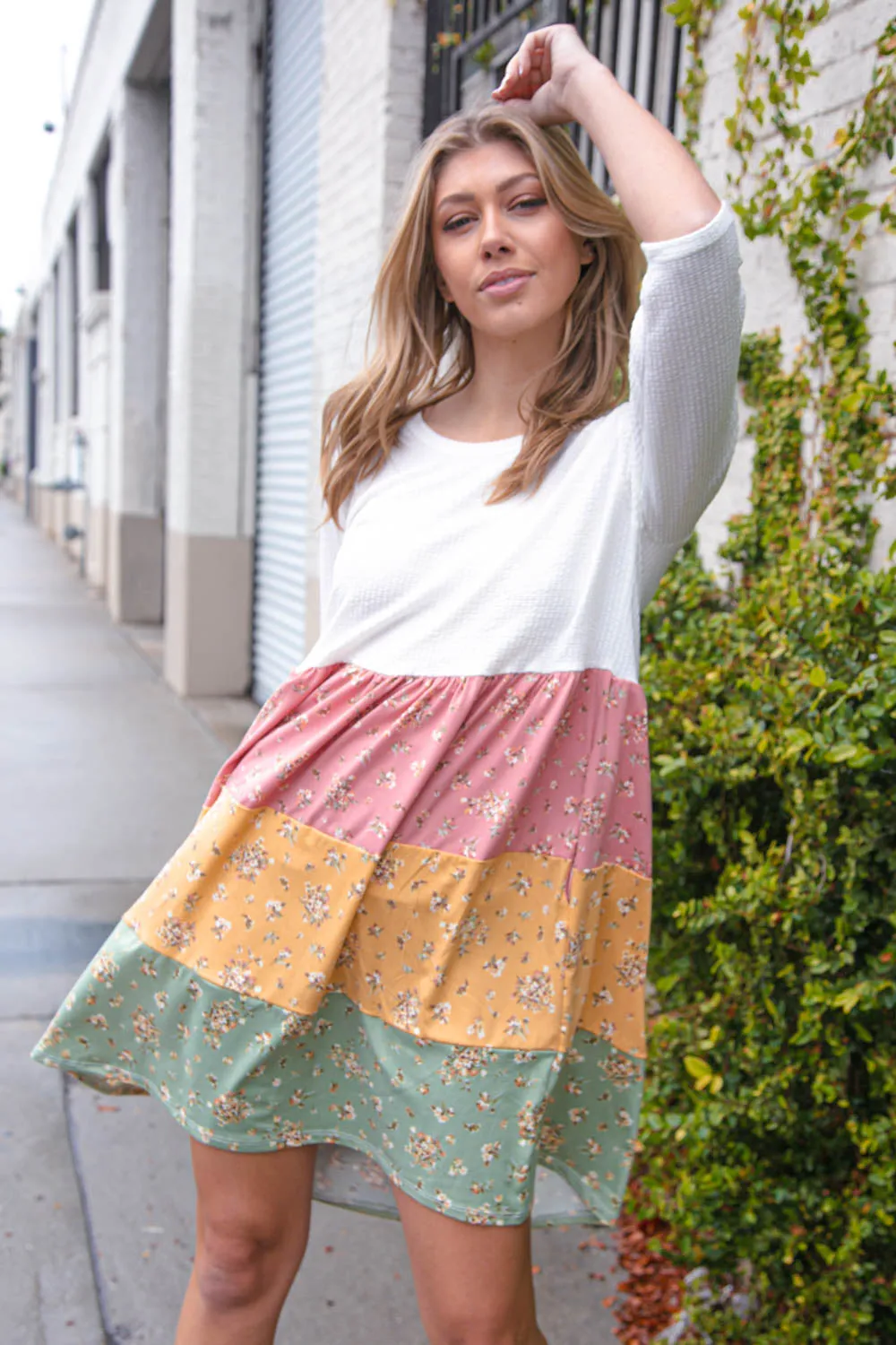 Ivory Texture Knit Multicolor Floral Color Block Tiered Dress