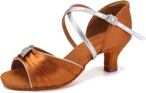 JUODVMP Latin Ballroom Dance Shoes Women Professional Dancing Heels Practice Heels 2inch,Model3037,Brown 7.5US