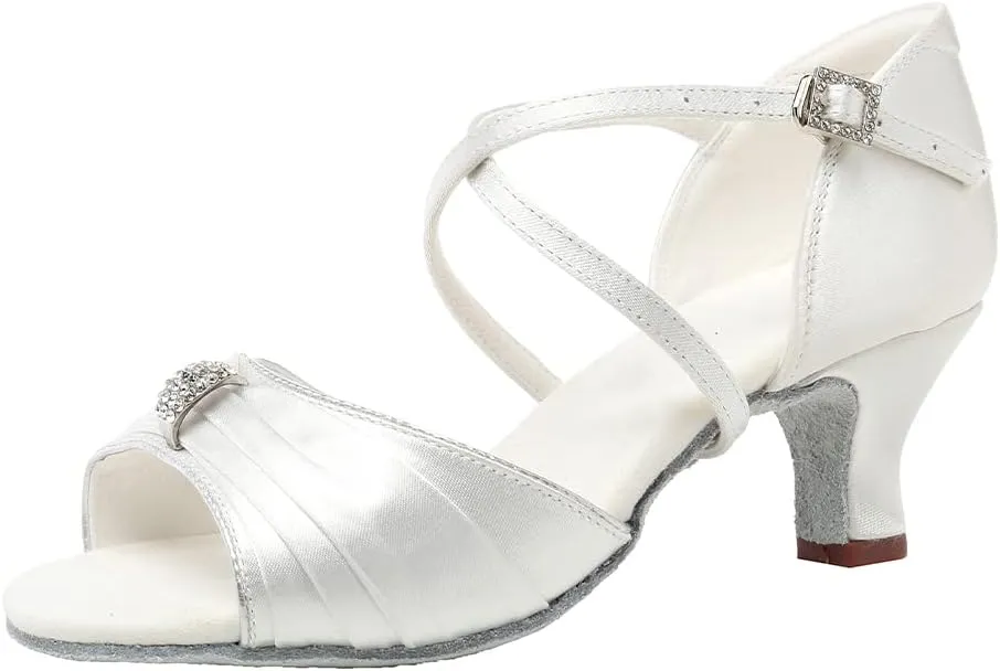 JUODVMP Latin Ballroom Dance Shoes Women Professional Dancing Heels Practice Heels 2inch,Model3037,White 7.5US