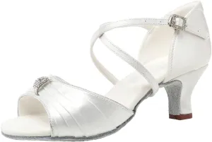 JUODVMP Latin Ballroom Dance Shoes Women Professional Dancing Heels Practice Heels 2inch,Model3037,White 7.5US