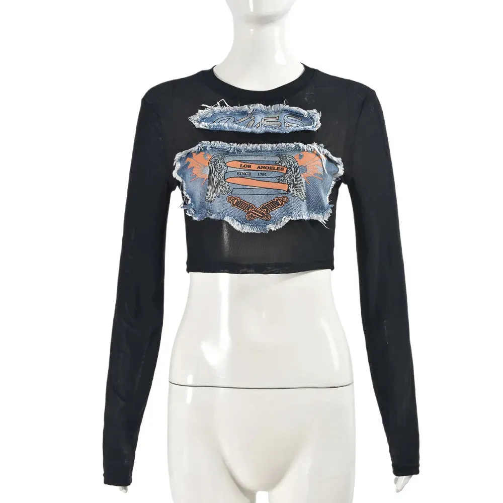 Kiss Me Mesh Denim Crop Top
