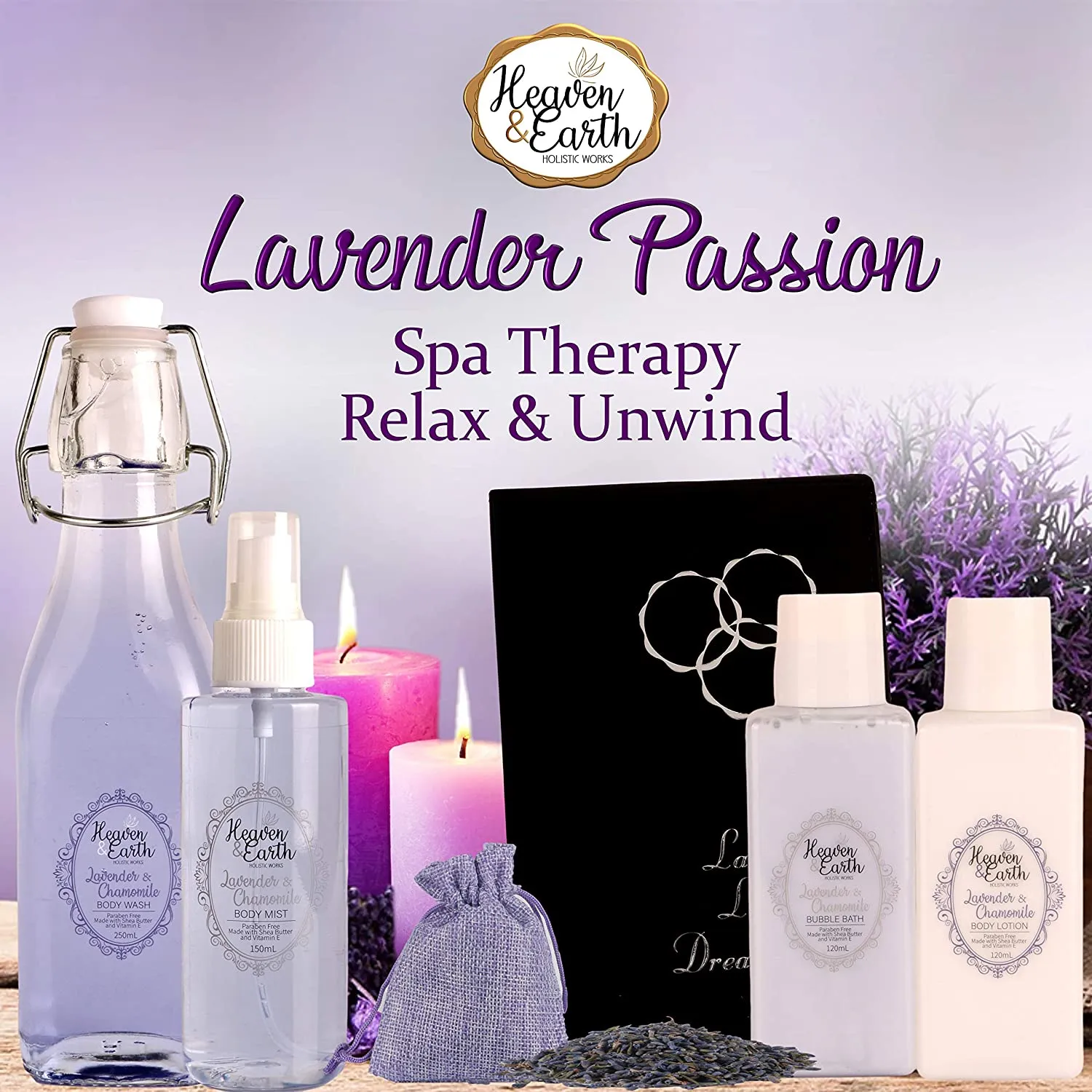 Lavender Passion Spa 18-Piece Gift Basket. All inclusive with Notebook, Bath Bombs, Lotion and more!