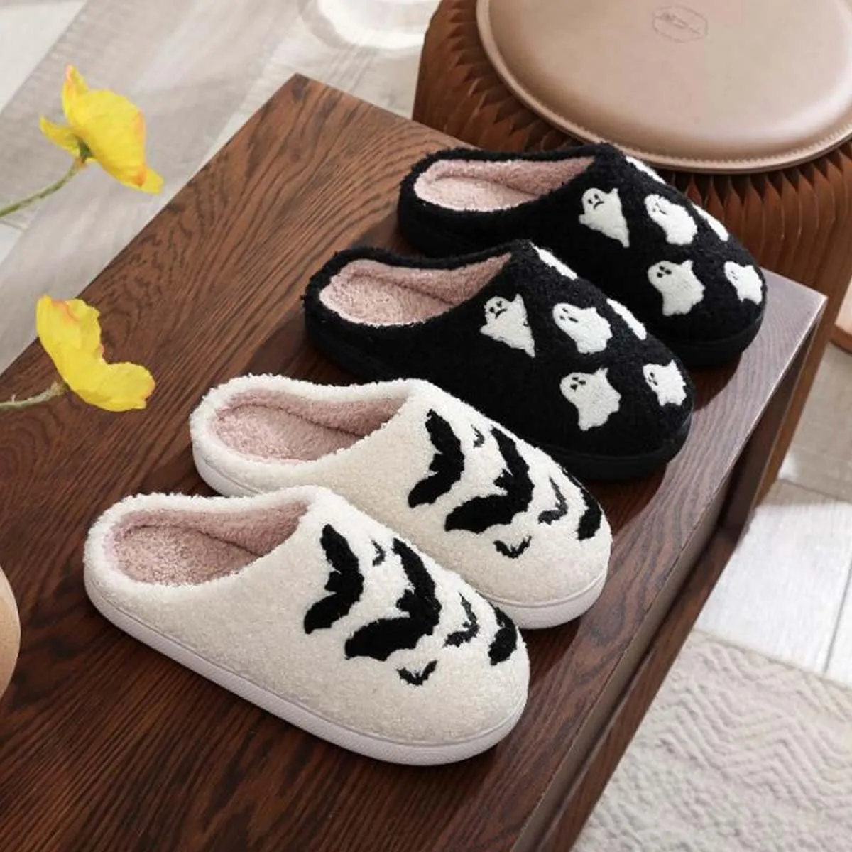 LELEBEAR Halloween Cookie Slippers, Scream Ghostface Slippers,Halloween Pumpkins Slippers Soft Plush Spooky Slides For Women