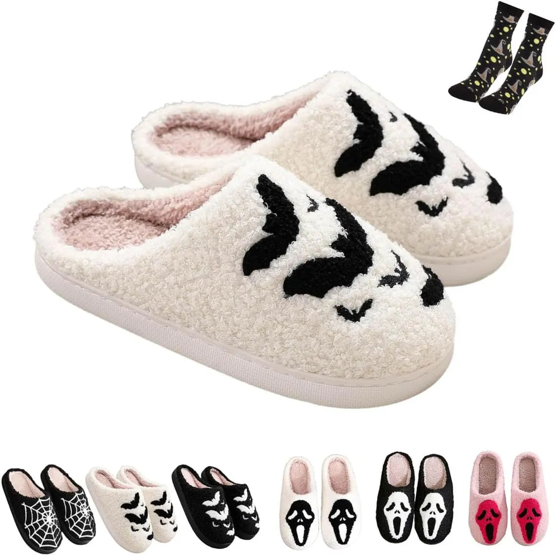 LELEBEAR Halloween Cookie Slippers, Scream Ghostface Slippers,Halloween Pumpkins Slippers Soft Plush Spooky Slides For Women