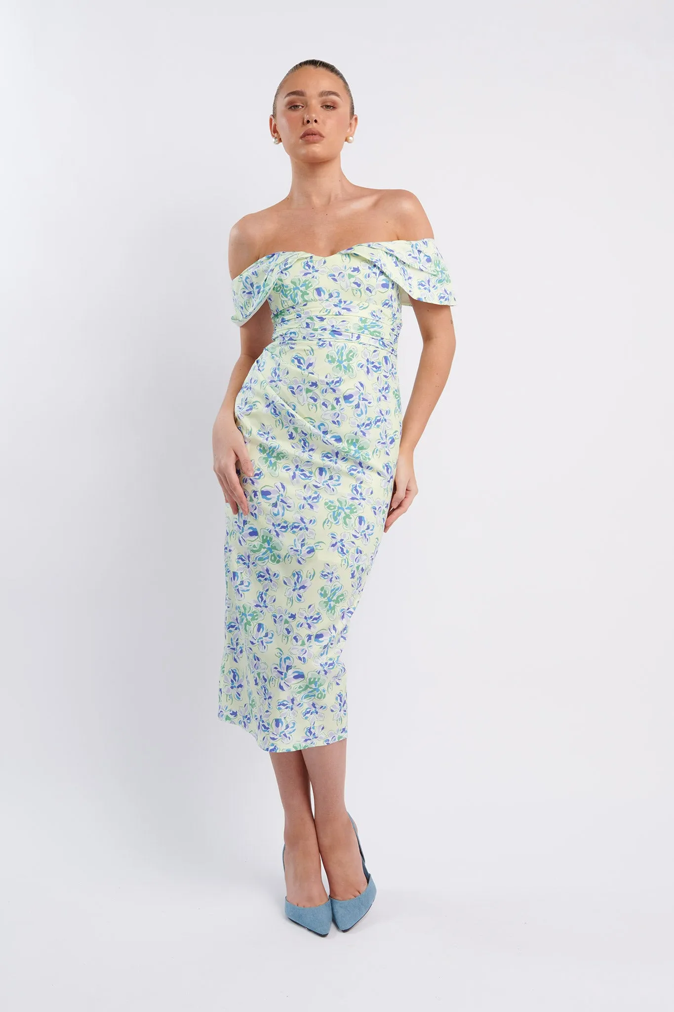 Lillianne Off-Shoulder Midi Dress Floral Blue