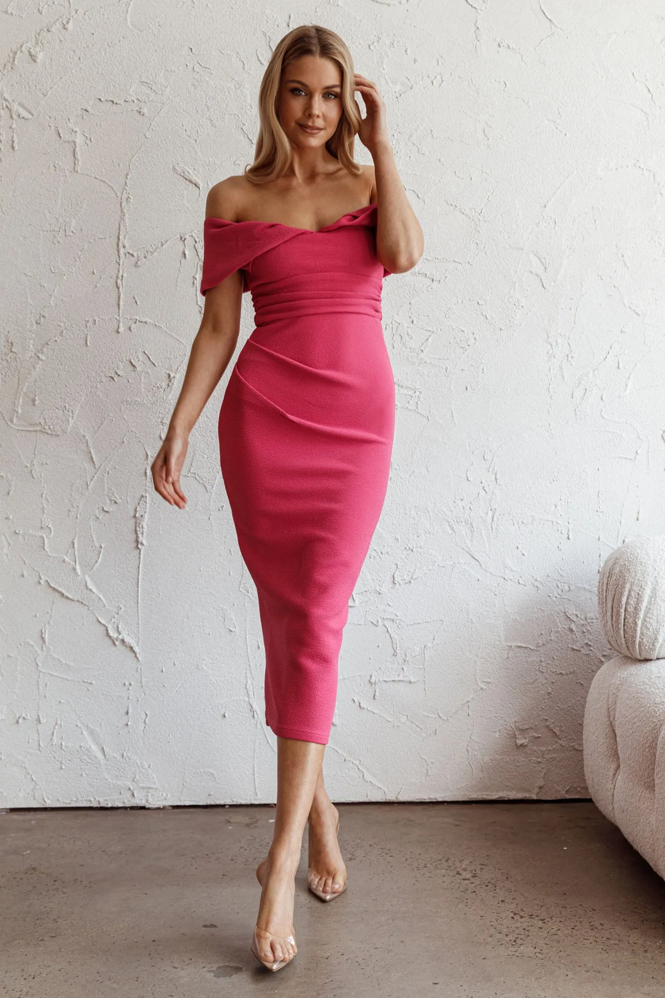 Lillianne Off-Shoulder Midi Dress Fuchsia