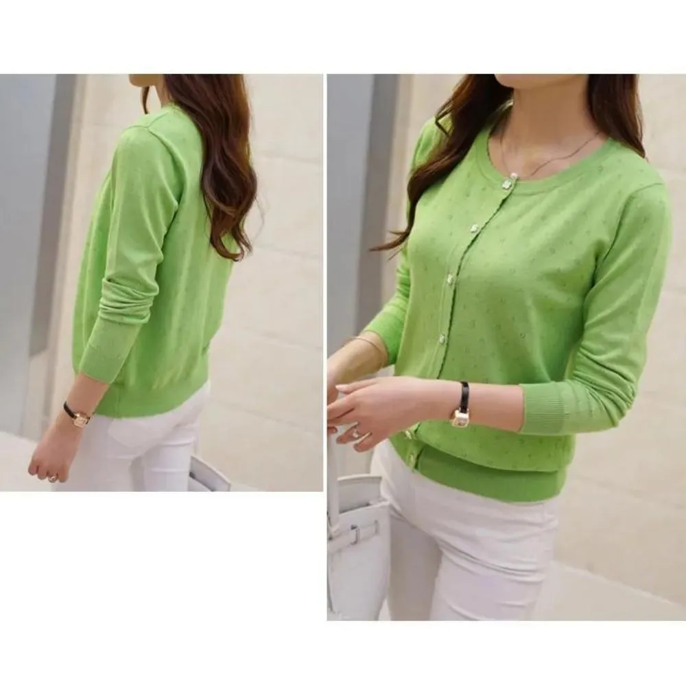 Luexco Women's Cardigan Soft Floral Detail Long Sleeve Ribbed Cotton Short