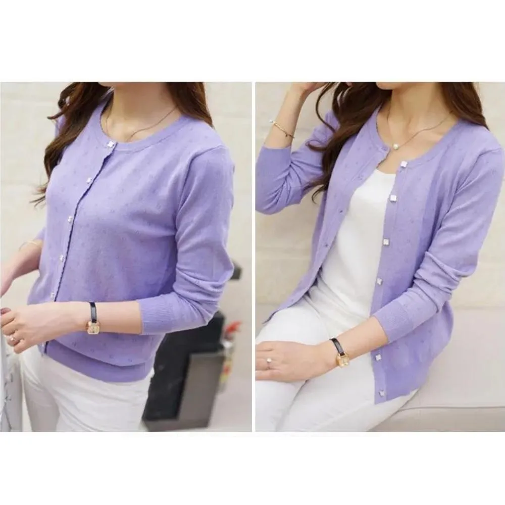 Luexco Women's Cardigan Soft Floral Detail Long Sleeve Ribbed Cotton Short