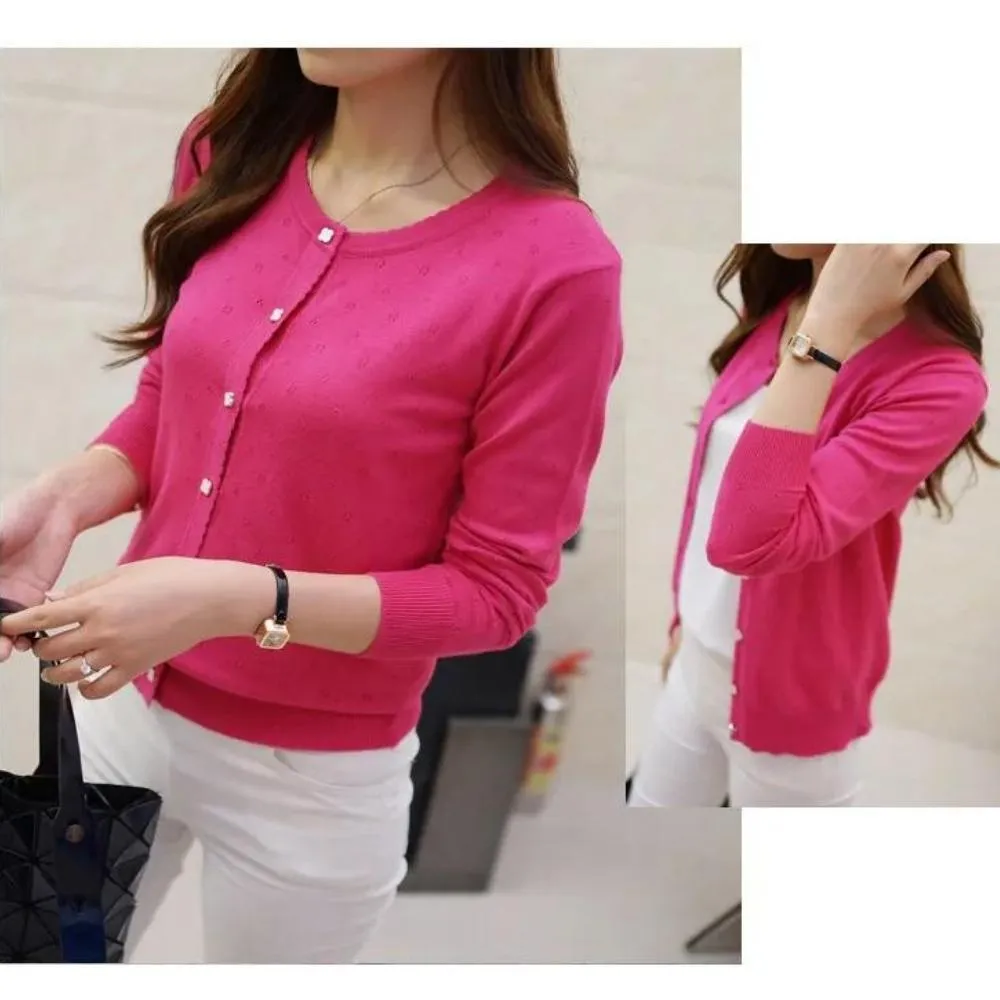Luexco Women's Cardigan Soft Floral Detail Long Sleeve Ribbed Cotton Short