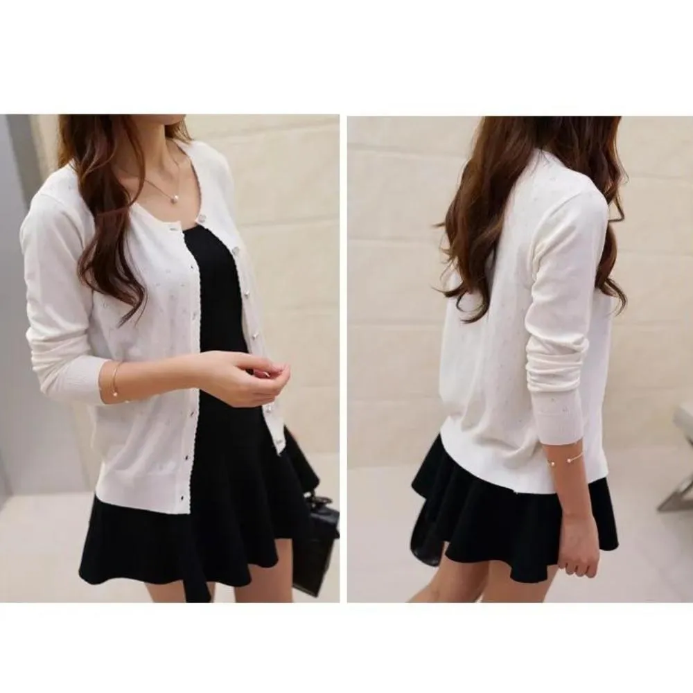 Luexco Women's Cardigan Soft Floral Detail Long Sleeve Ribbed Cotton Short