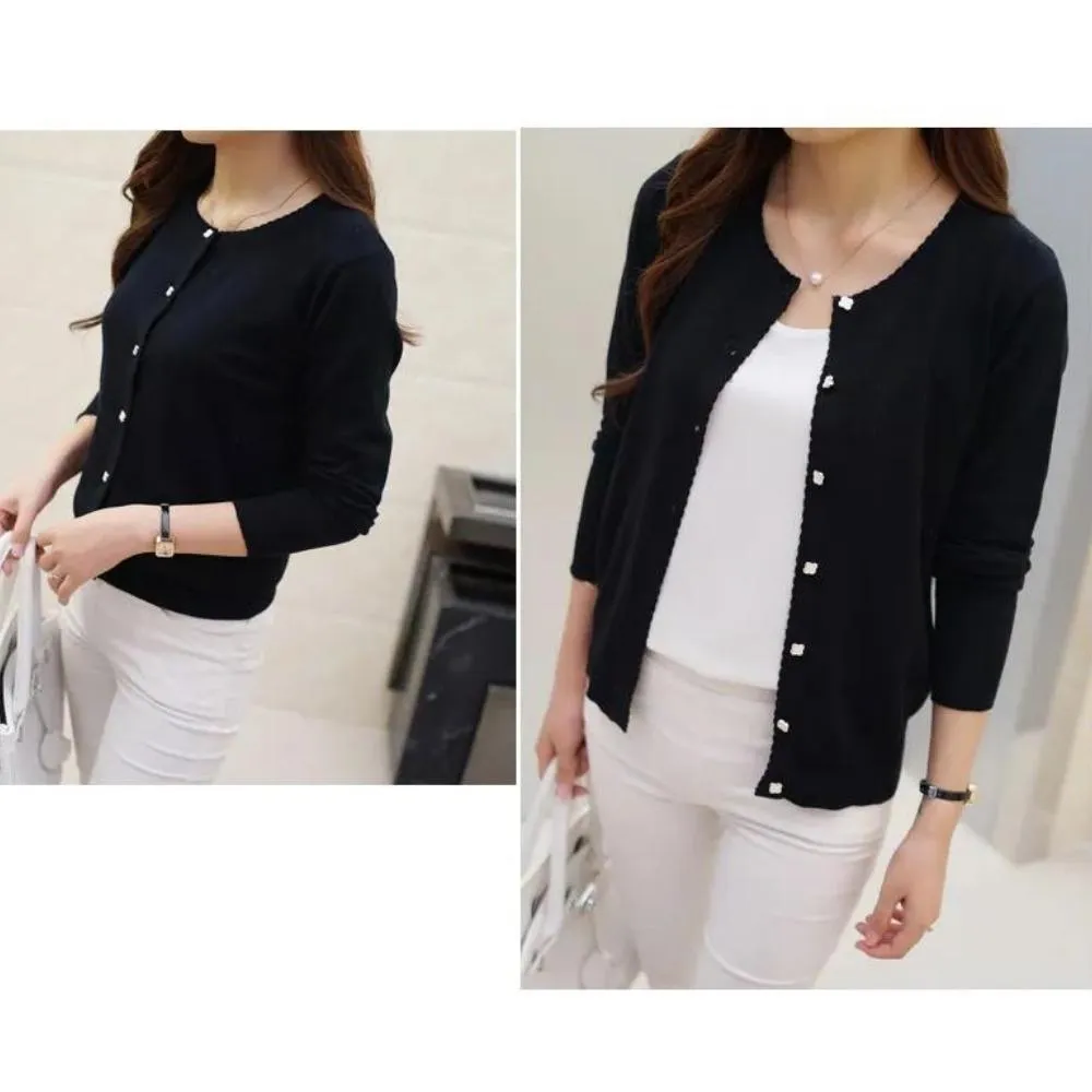 Luexco Women's Cardigan Soft Floral Detail Long Sleeve Ribbed Cotton Short