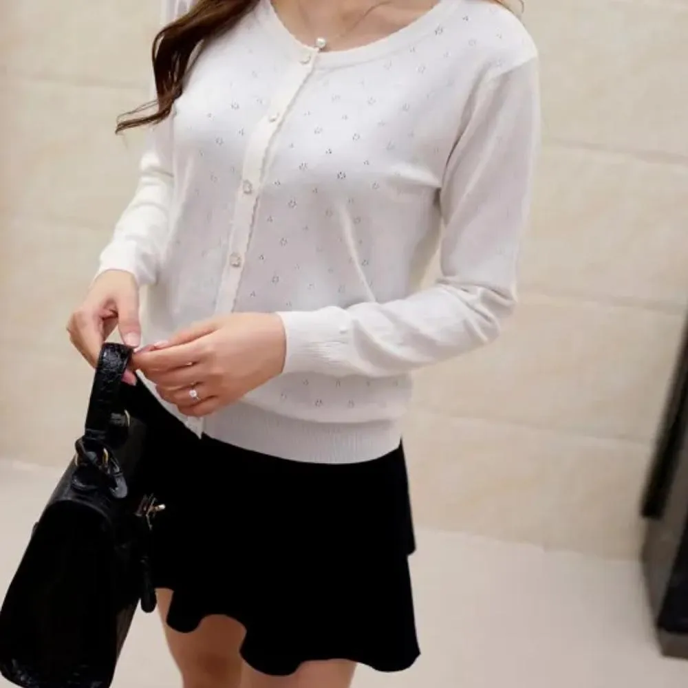 Luexco Women's Cardigan Soft Floral Detail Long Sleeve Ribbed Cotton Short