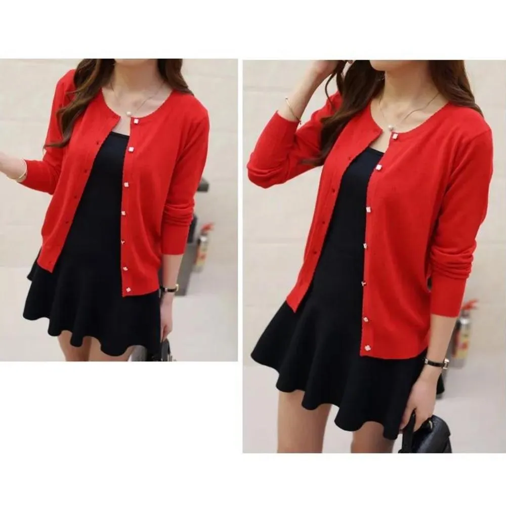 Luexco Women's Cardigan Soft Floral Detail Long Sleeve Ribbed Cotton Short