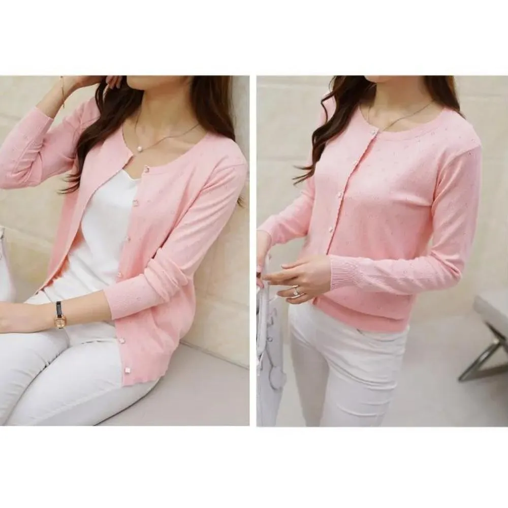 Luexco Women's Cardigan Soft Floral Detail Long Sleeve Ribbed Cotton Short