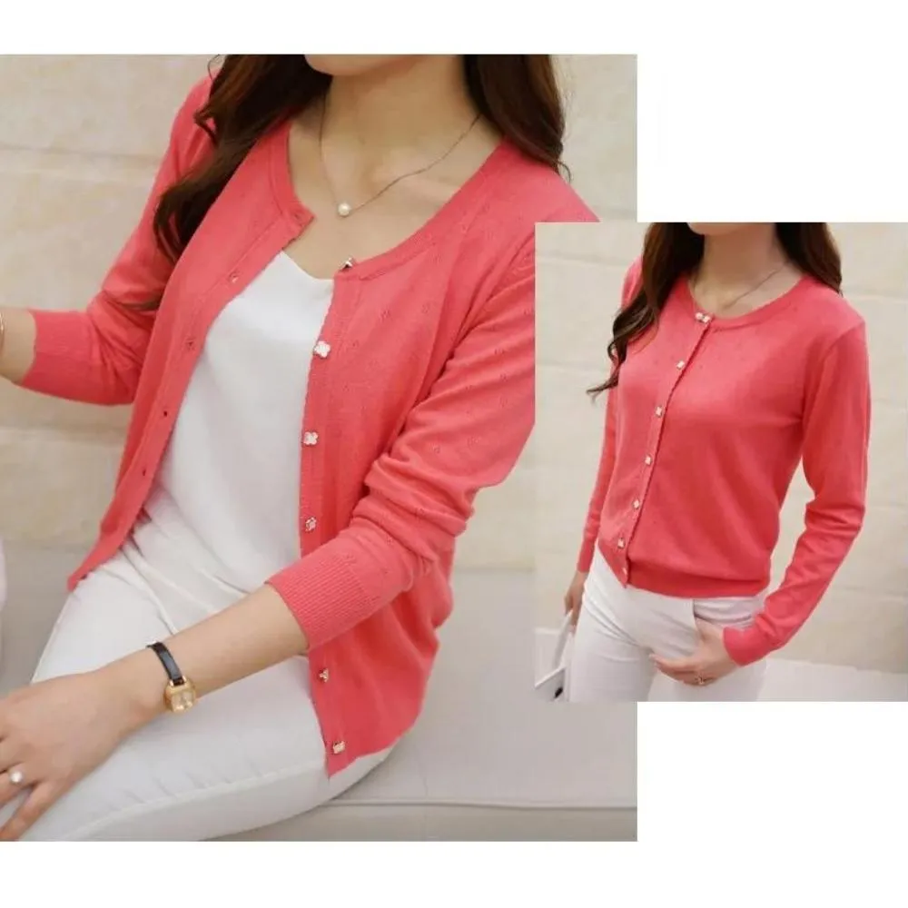 Luexco Women's Cardigan Soft Floral Detail Long Sleeve Ribbed Cotton Short