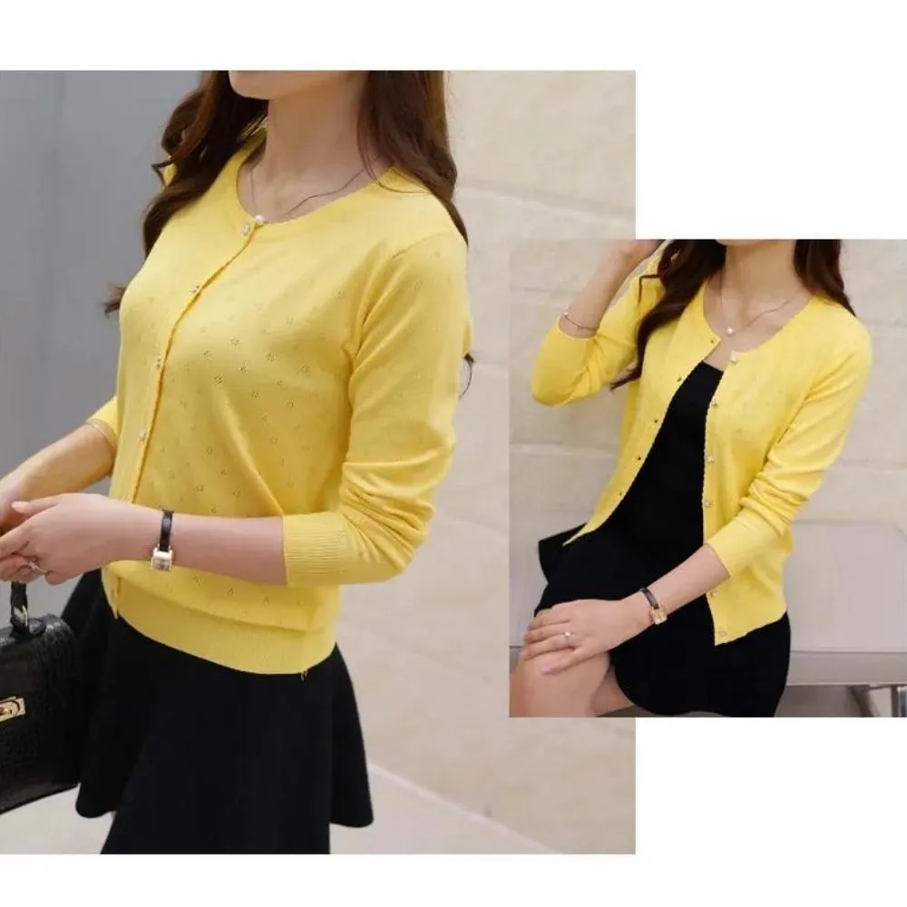 Luexco Women's Cardigan Soft Floral Detail Long Sleeve Ribbed Cotton Short