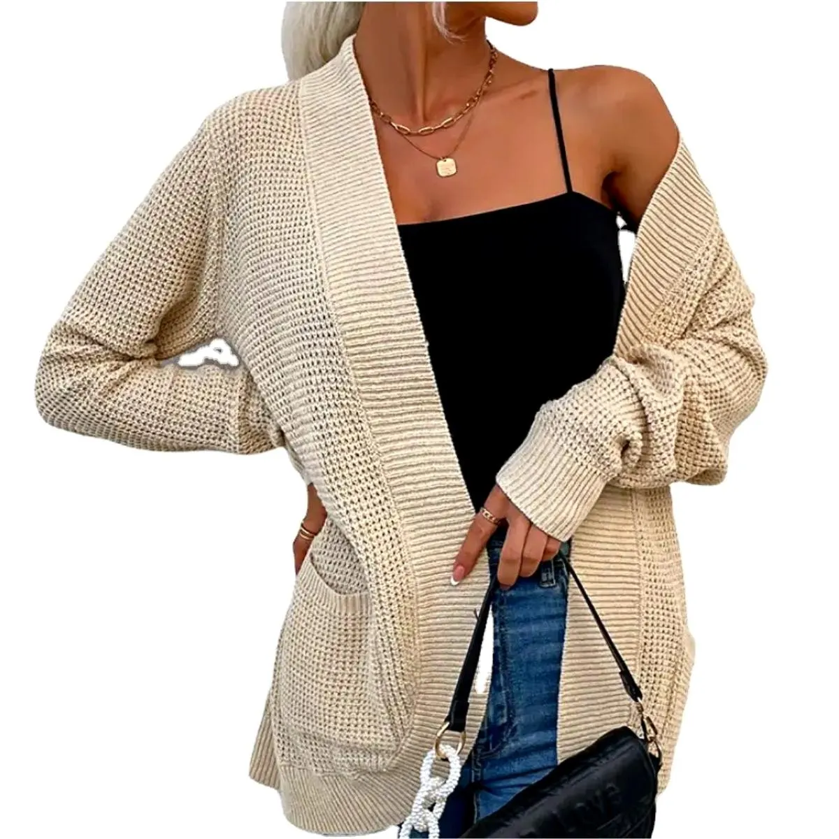 Luexco Women's Knitted Cardigan Sweater Long Sleeve Knitted Ribbed Detail