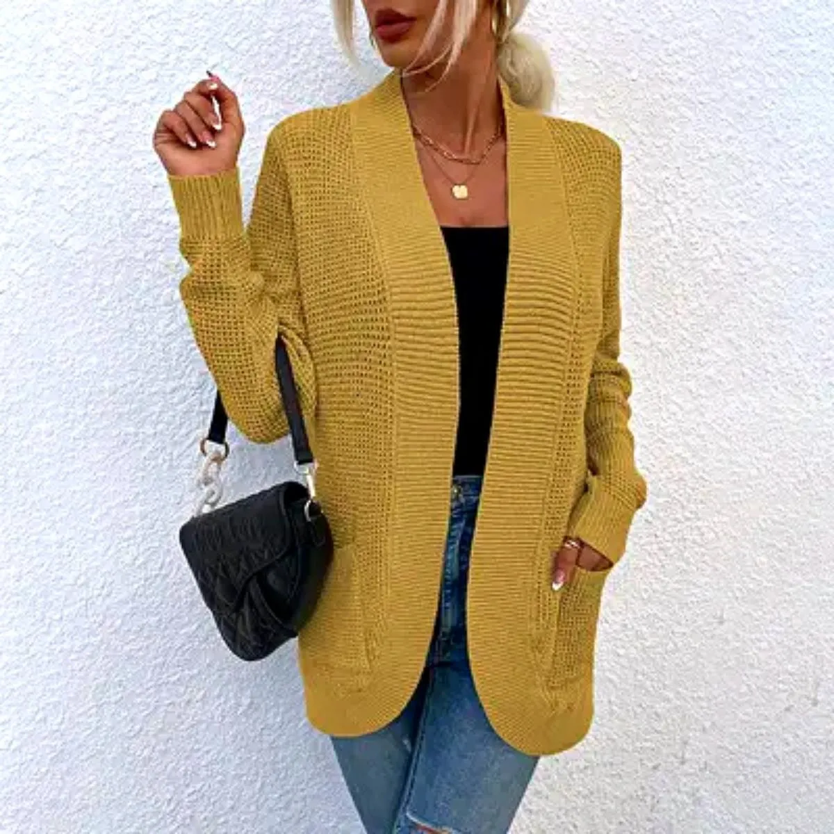 Luexco Women's Knitted Cardigan Sweater Long Sleeve Knitted Ribbed Detail
