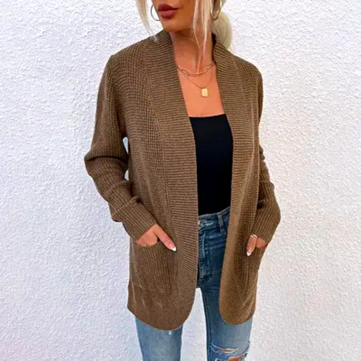 Luexco Women's Knitted Cardigan Sweater Long Sleeve Knitted Ribbed Detail