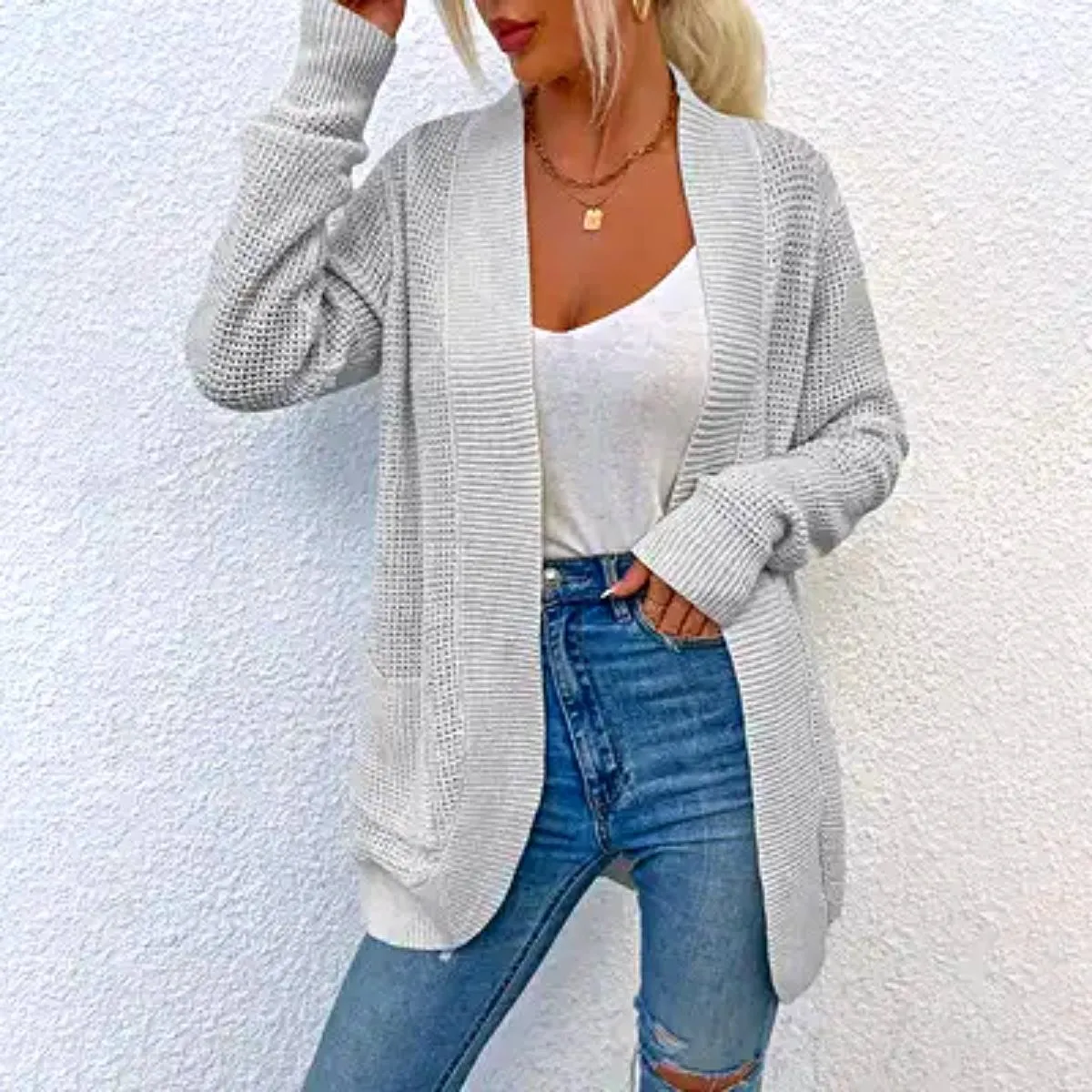 Luexco Women's Knitted Cardigan Sweater Long Sleeve Knitted Ribbed Detail